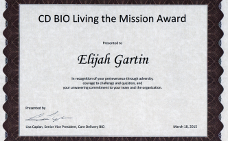 Elijah Gartin Living the Mission Award Recipient 2014 Kaiser Permanente CD BIO