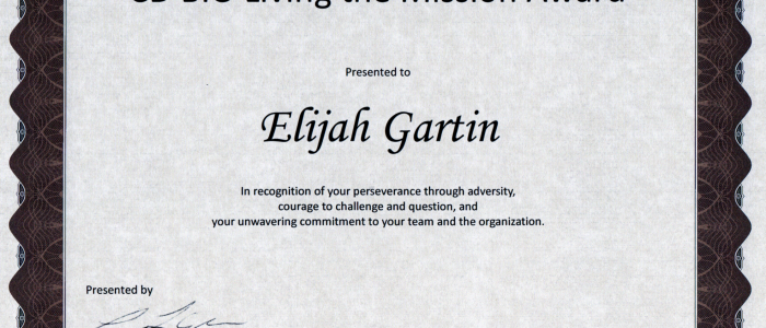 Elijah Gartin Living the Mission Award Recipient 2014 Kaiser Permanente CD BIO